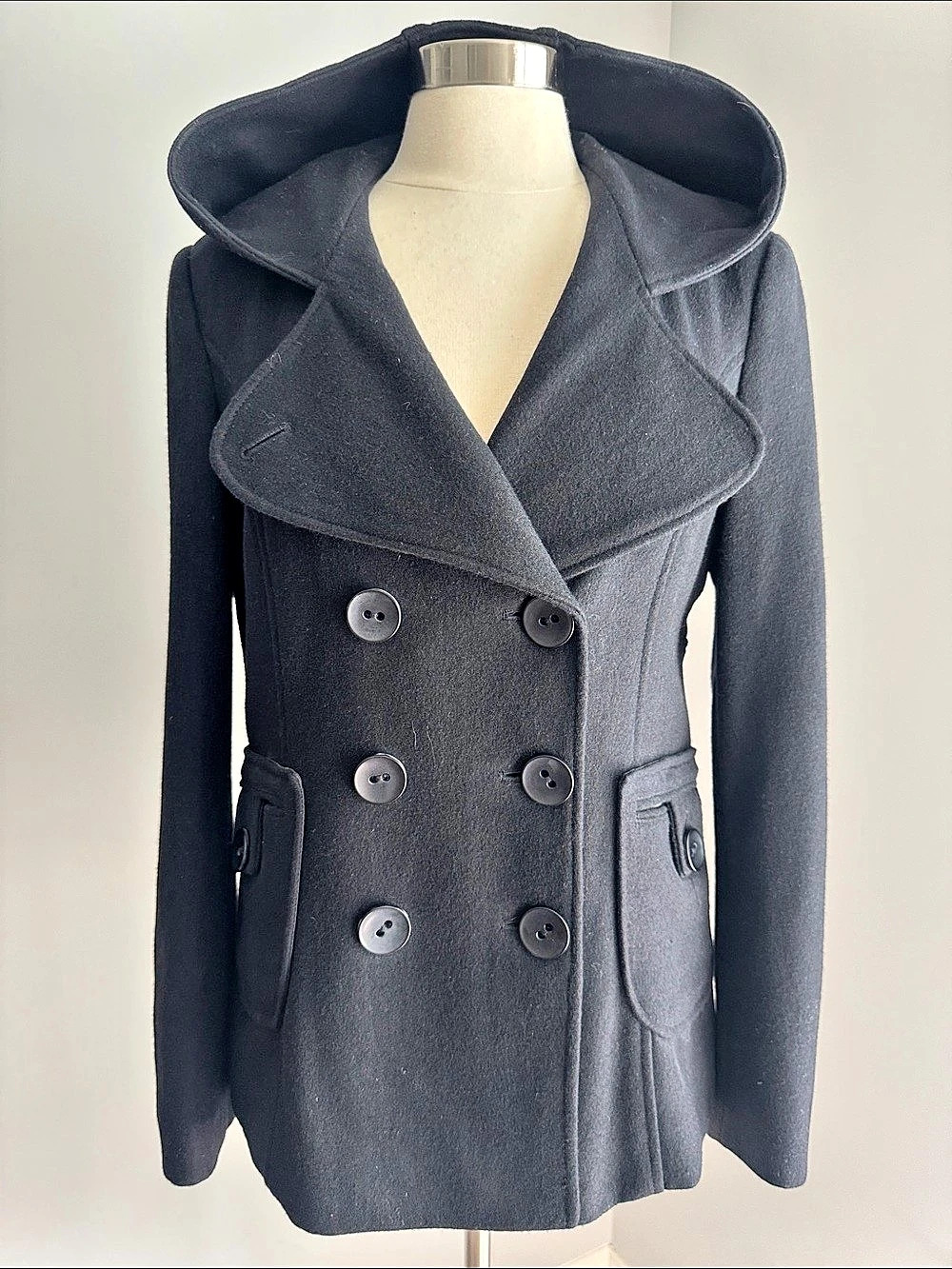 GUESS Hooded Double Breasted Pea Coat Black Large